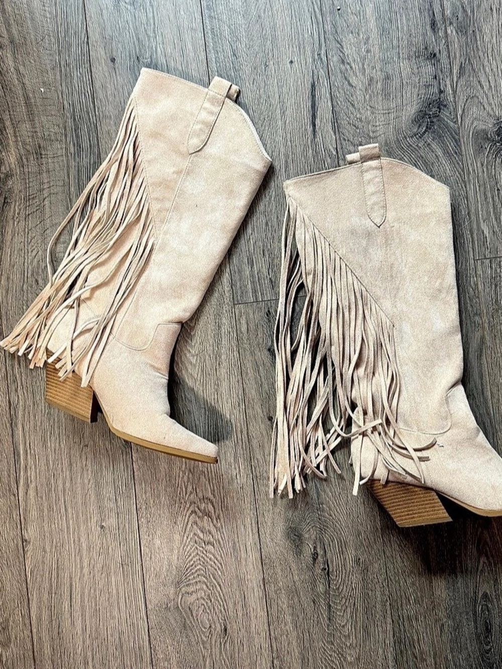 Nasty Gal Beige Faux Suede Fringe Western Cowboy Boots Knee High EU 39 / US 8.5-
